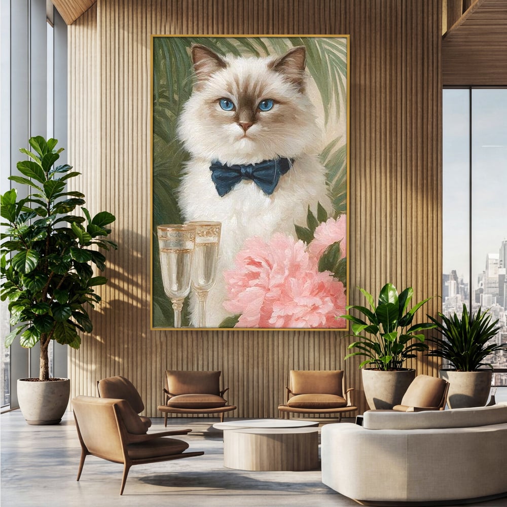 Tablou canvas cu tablou canvas cu motan elegant, in rama de aluminiu auriu, pe perete intr-un birou